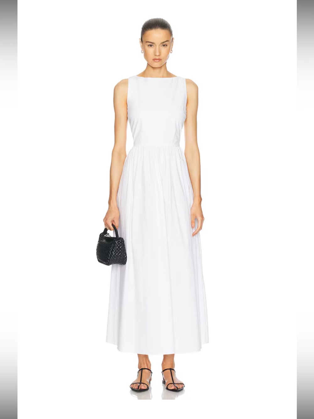 Matteau 100% Cotton Poplin White Sleeveless Boat Neck Tie Back Midi Dress Pocket - Picture 6 of 16